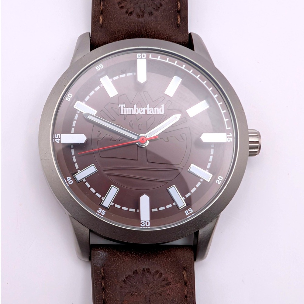 Timberland Mens Brown Dial Leather Strap Quartz Watch 15897J Silver Case
